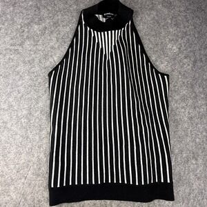 Bebe Womens Black White Striped Knit Halter Mock Neck Sleeveless Top Large